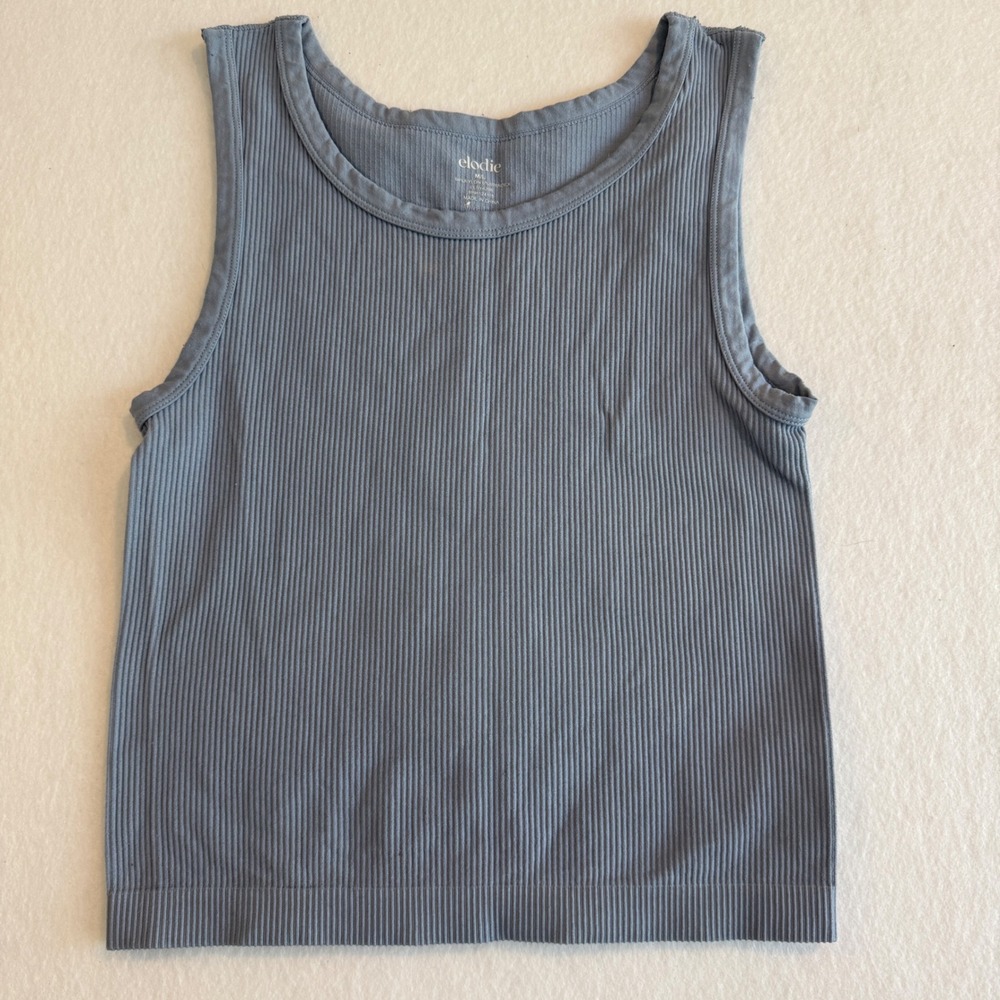 Elodie Ribbed Tank Top Women M/L Dusty Blue Seamless Scoop Neck ELSY4298